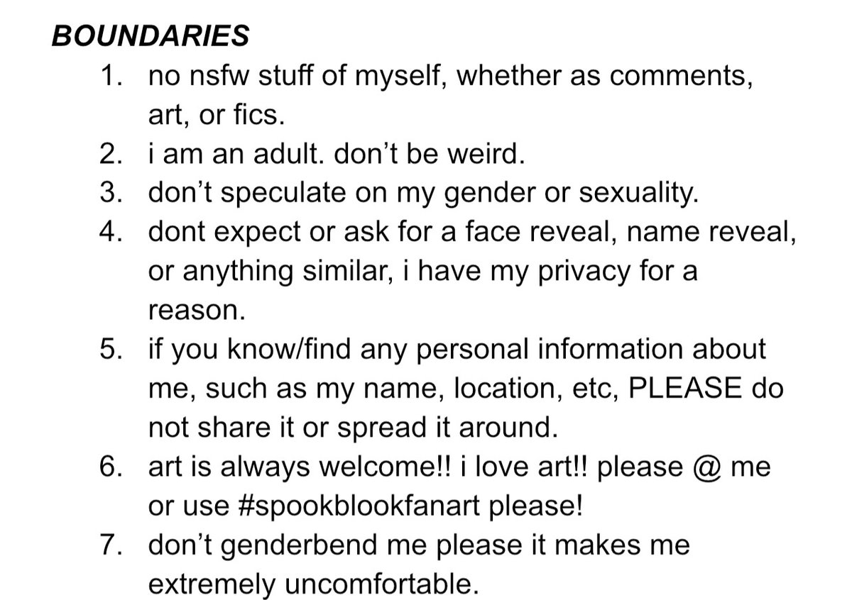 spookblook3's tweet photo. hey! since i now have more time to stream i’ve finally made a list of boundaries :] please give them a read, and if you think i need to clarify a boundary please let me know! https://t.co/1BWuVvtHXf