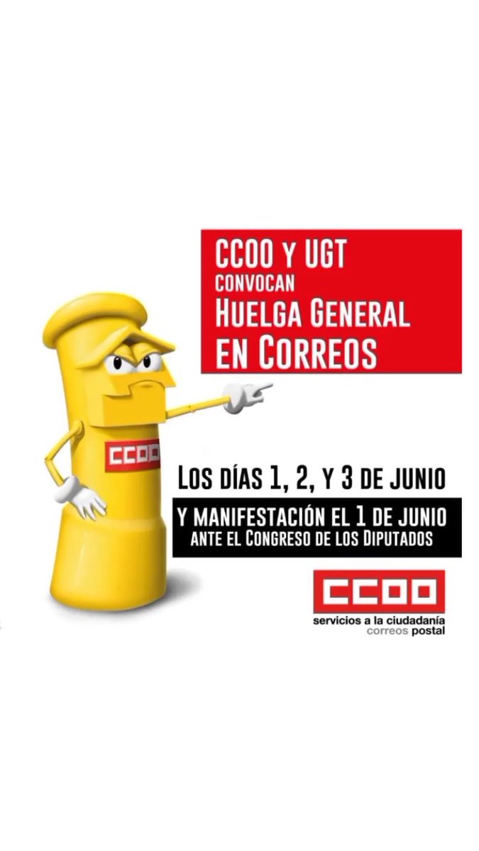 JovenesCCOOCyL's tweet photo. Mañana comienza la huelga de los trabajadores y trabajadoras de @Correos ante el desmantelamiento del servicio postal impulsado por el Gobierno.

¡Por un servicio postal público y de calidad! 
¡A la huelga el 1,2,3 de junio! ✊

#SalvemoselServicioPostal 
#SalvemosCorreoPúblico https://t.co/dQGRL7owSY