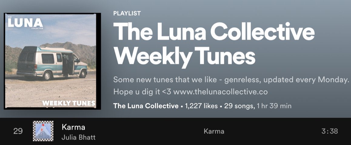 reybee's tweet photo. Check out Karma by @JuliaBhatt on @LunaCollective’s Weekly Tunes Playlist! https://t.co/0p85ocJ8Os https://t.co/90fpAxQdXH