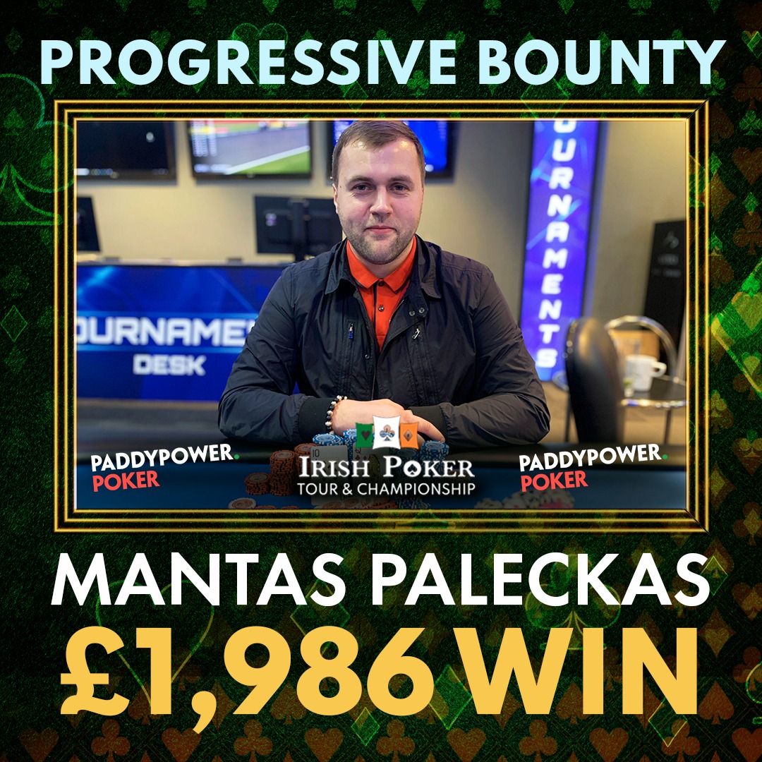 IrishPokerTour's tweet photo. Congratulations to Mantas Paleckas who took down the closing Progressive Bounty tournament of our @paddypowerpoker #RoadToLondon ๐ฌ๐ง festival at @AspersPoker for a tidy sum of ยฃ1,986
#Poker #IrishPokerTour #PPIPT #LivePoker #PaddyPowerPoker #IrishPoker #aspers #London https://t.co/bSB27vWWBV