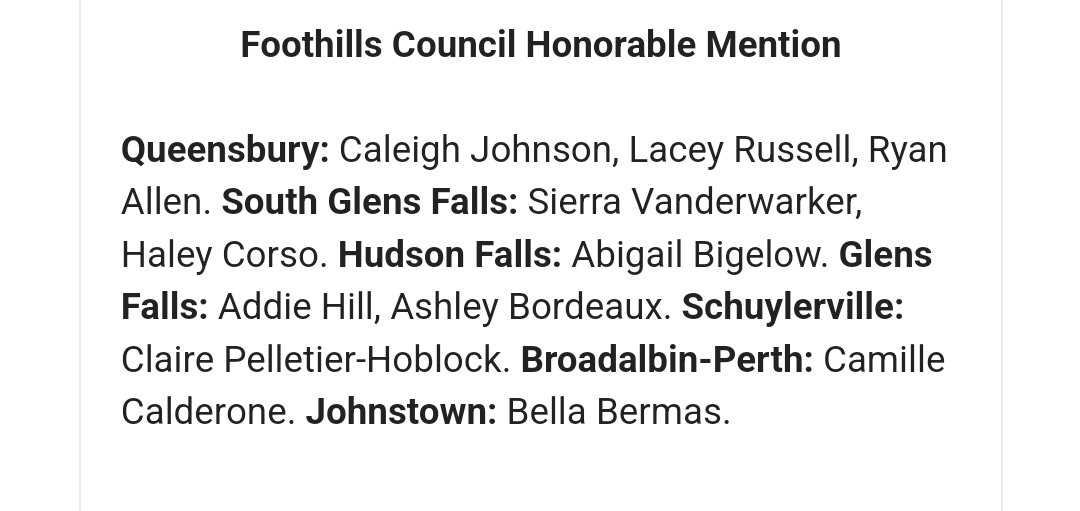 Foothills All Stars announced.
MVP — <a href="/ajrogers09/">alexis rogers</a>, pitcher, Queensbury

Section II All-Stars
Cassidy Ray;Queensbury
<a href="/emartens2005/">Emma Martens</a>;South Glens Falls
Gianna Endieveri;Glens Falls