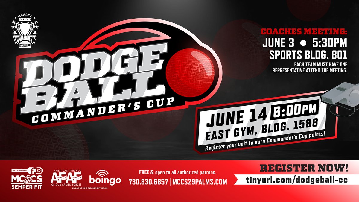 There's still time to sign up for Commander's Cup Dodgeball starting Jun 14! FREE and open to all authorized patrons. Get more info (including coaches meeting): ms.spr.ly/6018bTlnk