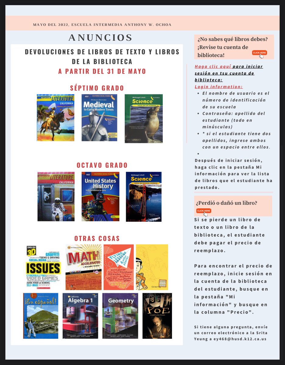 ochoamiddle's tweet photo. ATTENTION OCHOA FAMILIES: Please have your student(s) return all textbooks to the library this week. Thank you! https://t.co/J2qf0QkTit