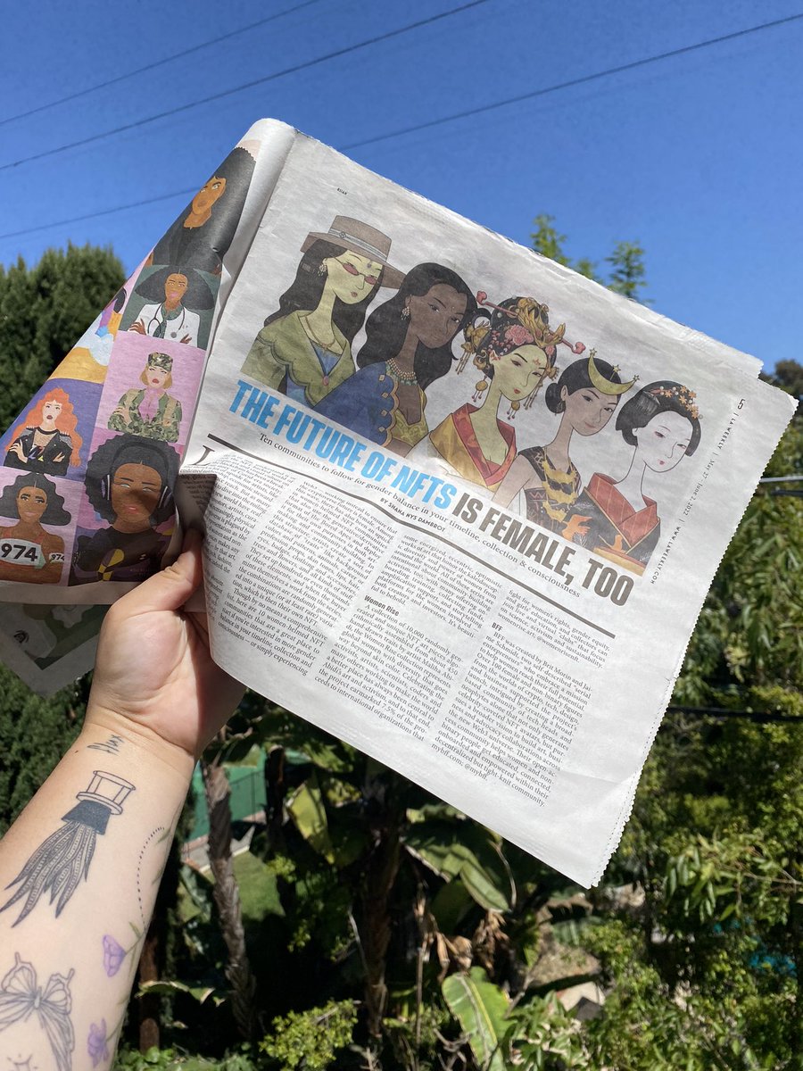 <a href="/crypto_loni/">Loni Lue</a> brought me a copy of LA Weekly about 10 women helmed #NFT Communities! <a href="/WomenriseNFT/">Women Rise</a> <a href="/MyBFF/">BFF 🌈</a> <a href="/CryptoChicksNFT/">Crypto Chicks NFT Collection</a> <a href="/worldofwomennft/">world of women</a> @BossBeautiesNFT @8sianNFT <a href="/unicorndao_xxx/">UnicornDAO🦄</a> <a href="/valfrelandia/">Valfrelandia</a> <a href="/FlowerGirlsNFT/">The Flower Girls 🌸</a> <a href="/MiekeMarple/">Mieke Marple</a>