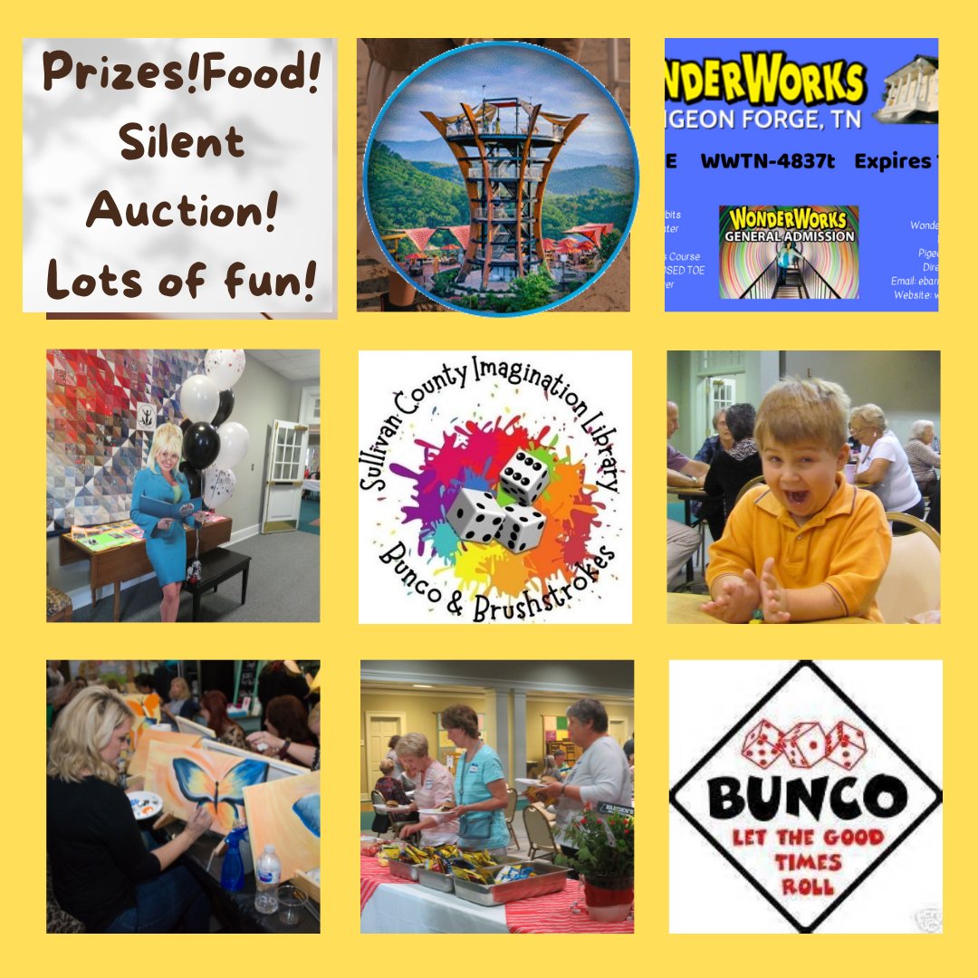 SAVE THE DATE AND JOIN THE FUN at Bristol Motor Speedway!  
Saturday, August 13th---BUNCO AND BRUSHSTROKES FOR BOOKS---a fundraiser for books for Sullivan County preschool children.  More information and registration available on our website https://t.co/IsA25Il5zt https://t.co/J9sVDTe1vw