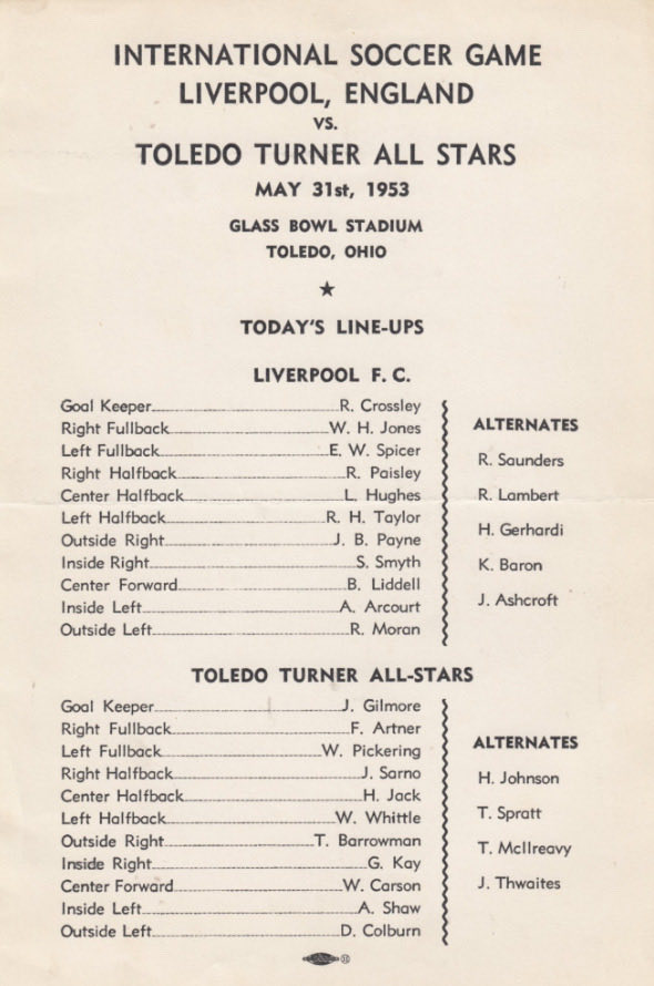 toledovillafc's tweet image. OTD in 1953, the Toledo Turners faced off with the world famous Liverpool FC at the Glass Bowl! Liverpool understandably ran out 10-3 winners on the day. Liverpool legend Bob Paisley even played for Liverpool on the day. We’d love to host a big int'l team in a friendly someday!