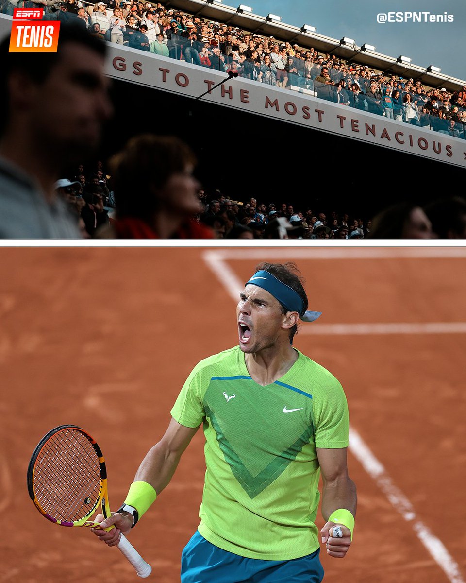 ESPNtenis's tweet photo. "La victoria le pertenece a los más tenaces", dice uno de los palcos del Philippe Chatrier y @RafaelNadal es uno de los claros ejemplos. 🔥🐂✨

#RolandGarros https://t.co/i4GqbqGYuN