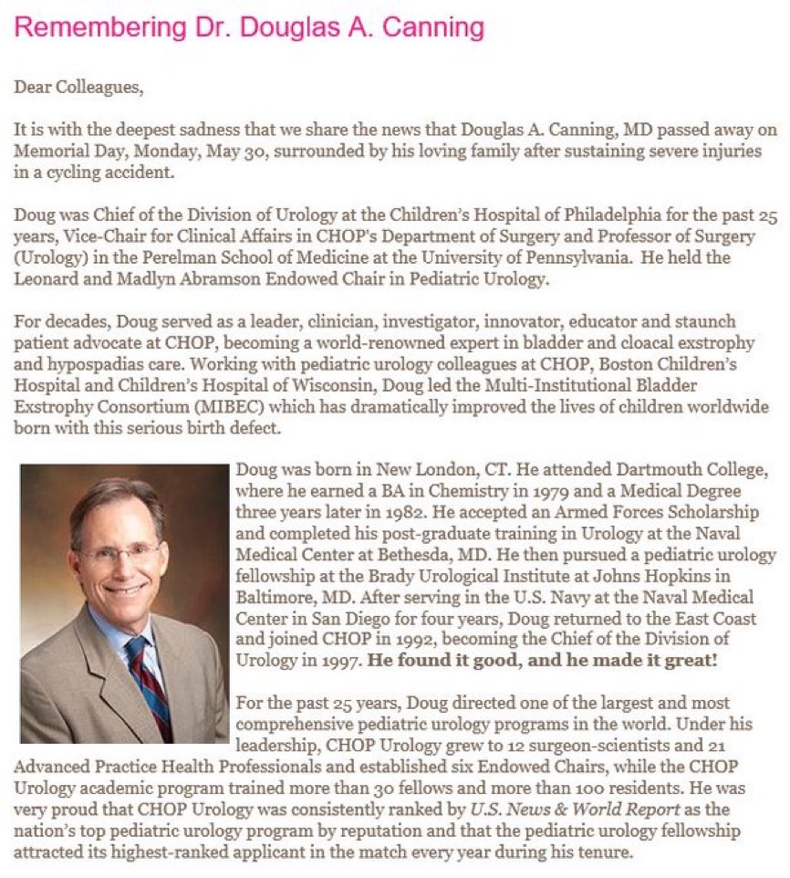 We lost a friend, mentor, and colleague yesterday. How tragic and sad for so many. Our hearts go out to the Canning family, the CHOP family, and everyone whose lives Doug has made better for his devotion to humankind. Rest In Peace, brother.
