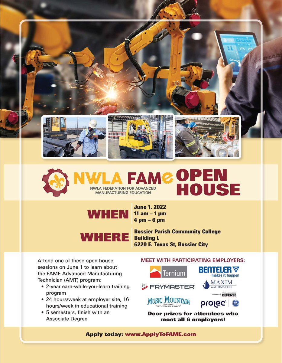 BPCCCavs's tweet photo. Join us tomorrow for two Open House events! This is your opportunity to meet with participating employers and learn more about joining the FAME program to kickstart a career in advanced manufacturing. Representatives from all organizations will be present to answer questions. https://t.co/Z179WLh8h6