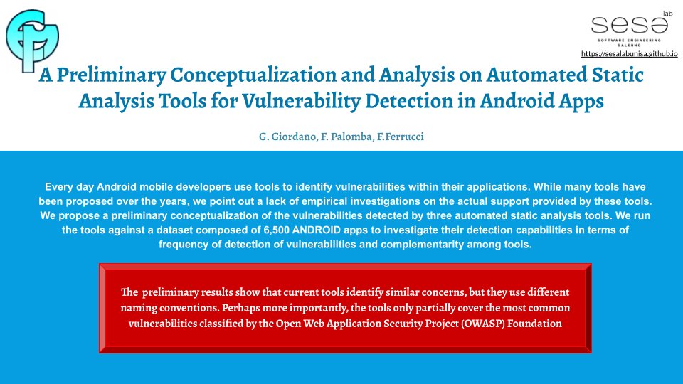 GiammariaGiord1's tweet photo. My second paper has been accepted at @EuromicroOrg
Gran Canaria - Spain.
Special thanks to my co-authors @fabiopalomba3 and @filomenaferrucc
#euromicro #conference #android #vulnerabilities https://t.co/eRIaqNmPJh