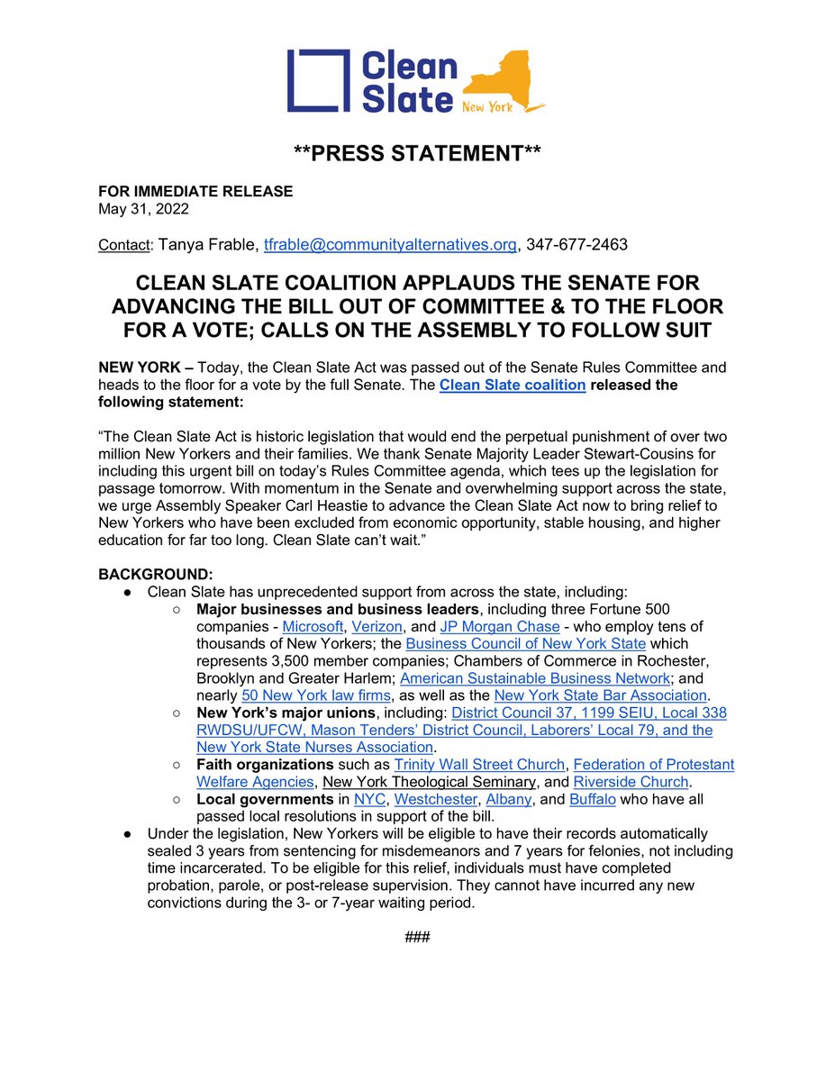 BREAKING: #CleanSlateNY passes out of the Senate Rules committee and heads to the floor for a vote. 

Thank you <a href="/AndreaSCousins/">Sen. Stewart-Cousins</a> for advancing this urgent legislation. @CarlHeastie, let's get the People's House in motion!

OUR STATEMENT: