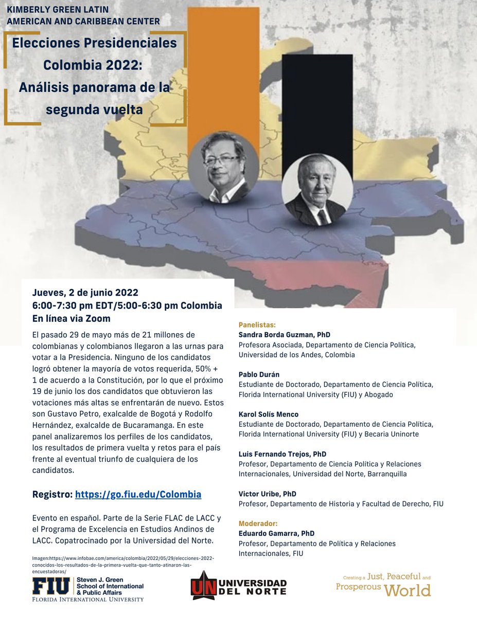 FIU LACC (@fiulacc) on Twitter photo Join <a href="/FIULACC/">FIU LACC</a> this Thursday, June 2 with panelists <a href="/sandraborda/">Sandra Borda 🪷🪷</a> <a href="/KarolSolisMenco/">Karol Solís MENCO</a> <a href="/TrejosRosero/">Luis Fernando Trejos Rosero</a> Victor Uribe & Pablo Durán as they discuss the second round of Presidential Elections in Colombia. Moderated by <a href="/gamarrae/">Eduardo A. Gamarra</a>
Event in Spanish. Registration: go.fiu.edu/Colombia Join <a href="/FIULACC/">FIU LACC</a> this Thursday, June 2 with panelists <a href="/sandraborda/">Sandra Borda 🪷🪷</a> <a href="/KarolSolisMenco/">Karol Solís MENCO</a> <a href="/TrejosRosero/">Luis Fernando Trejos Rosero</a> Victor Uribe & Pablo Durán as they discuss the second round of Presidential Elections in Colombia. Moderated by <a href="/gamarrae/">Eduardo A. Gamarra</a>
Event in Spanish. Registration: go.fiu.edu/Colombia