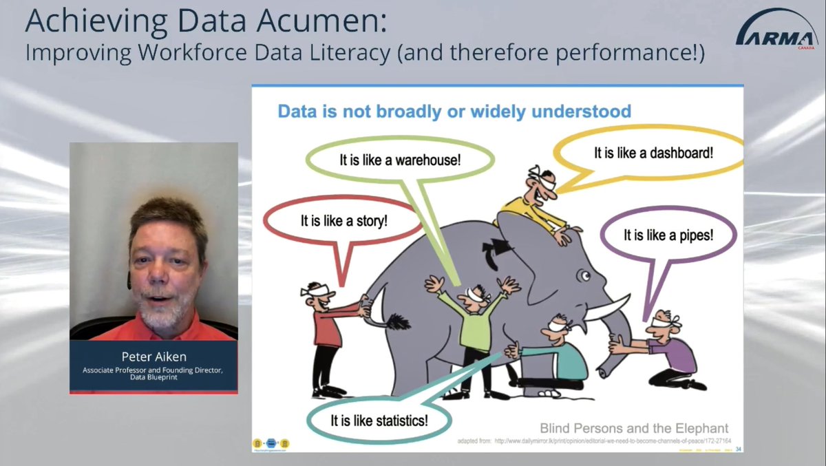 ARMACanada's tweet photo. Kicking off our keynotes for Day 2 at #armacanada, we heard from @paiken. Peter expertly discussed the importance of data literacy and achieving data acumen for todayβs knowledge workers. We have work to do to get there π #data #dataversity #damainternational #information https://t.co/jldodrU8Z6