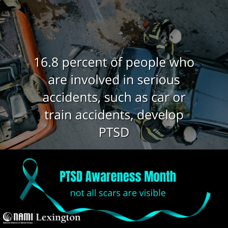 NAMILexington's tweet photo. 16.8 percent of people who are involved in serious accidents, such as car or train accidents, develop PTSD. 
#PTSDAwareness #notallscarsarevisible https://t.co/vXdyZ6lqFb