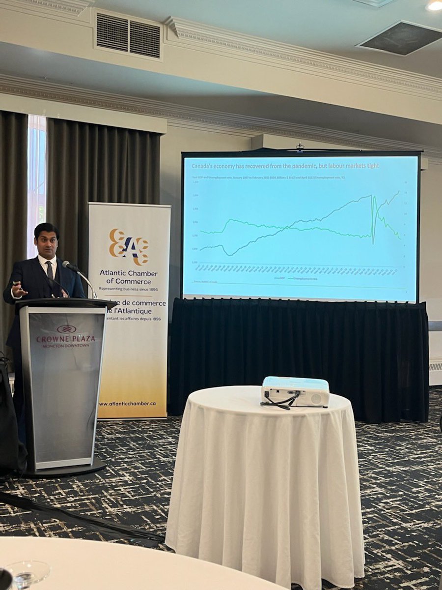 "Canada’s economy has recovered, but labour markets are tight."

Great opening keynote speech by <a href="/TrevinStratton/">Trevin Stratton</a>, National Economic Advisory Leader &amp; Partner, <a href="/DeloitteCanada/">Deloitte Canada</a>. 

<a href="/AtlanticCofC/">Atlantic Chamber</a> <a href="/ChtownChamber/">Greater Charlottetown Area Chamber of Commerce</a> <a href="/MonctonChamber/">CCGM</a> <a href="/CPMoncton/">Crowne Plaza Moncton Downtown Hotel (506)854-6340</a>