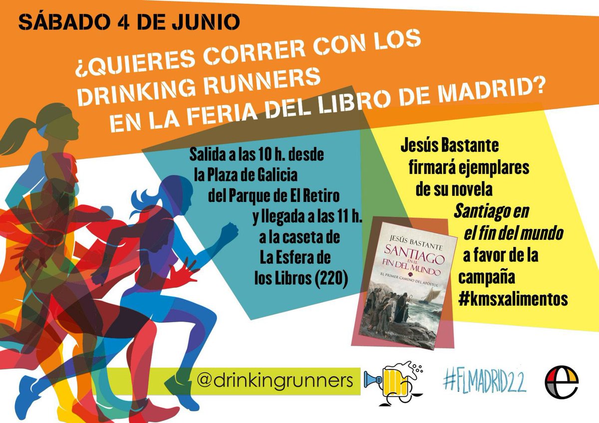 📣 El Sábado en la <a href="/FLMadrid/">Feria del Libro de Madrid</a> se suman #kmsXalimentos 📣

🙌🏻 <a href="/BastanteJesus/">Jesus Bastante</a> nos invita a 🏃🏻‍♂️
✔️ recorrido turístico del camino De Santiago por el Retiro
📔 Firma de su libro ✒️
🍻 unas cañas al acabar 🤙
💶 La recaudación irá a <a href="/fesbal_org/">Federación Española de Bancos de Alimentos-FESBAL</a>