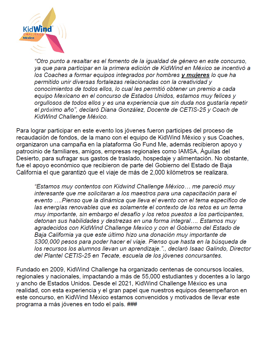 kidwindmexico's tweet image. Estamos muy orgullosas de la participación de nuestros equipos KidWind México en el Nacional KidWind en EU. 

Les compartimos nuestro comunicado de prensa ⚡️☀️🌏💦💨

Gracias por la invitación @KidWind_Project 

#kidwindchallenge #orgullomexicano