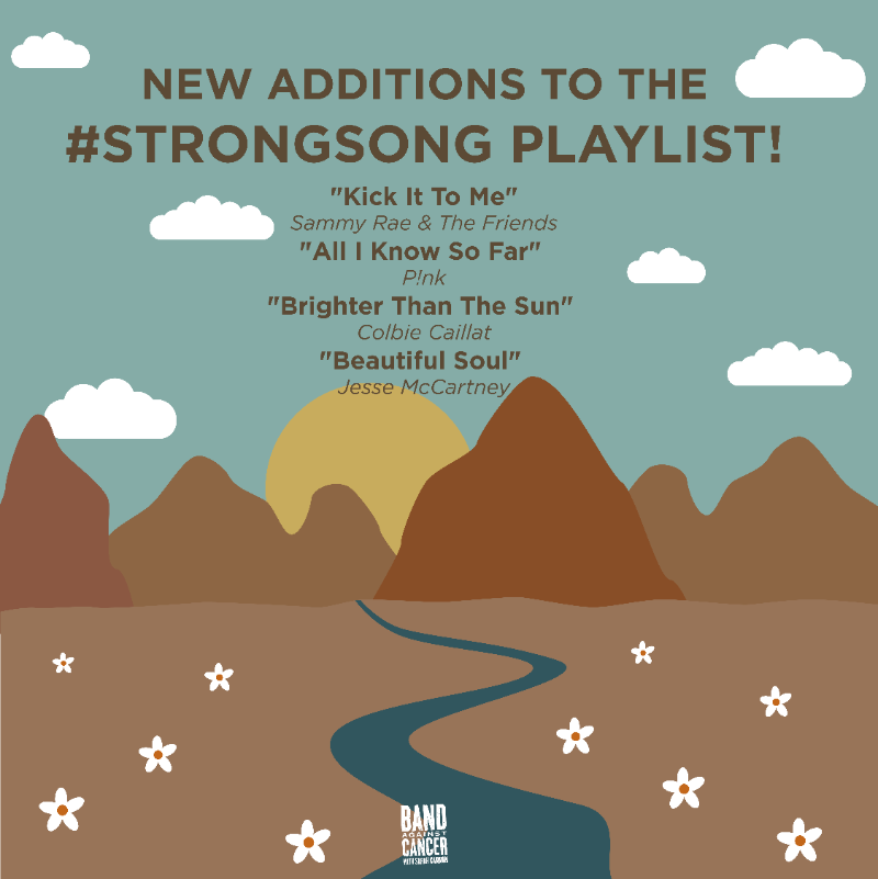 BandVsCancer's tweet photo. This week's new additions! Songs by @SammyRaeMusic, @Pink, @ColbieCaillat and @JesseMcCartney are sure to brighten your mood. ✨ Listen here: https://t.co/w5gtJihzMW. #StrongSong #BandAgainstCancer