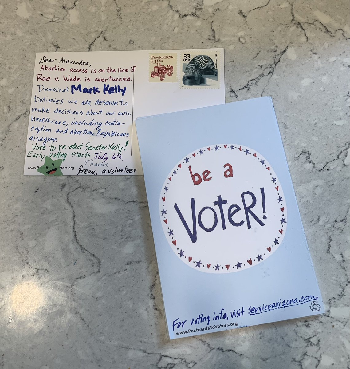 drinmd64's tweet photo. The 10 on the left went out a few days ago. The 10 on the right are going out today. These are in support of Mark Kelly for US Senate in Arizona. You can do this too. Just Google “Activate America postcards.” You’ll get several choices of campaigns to write for. #ActivateVote https://t.co/jnK1uYWG7Y