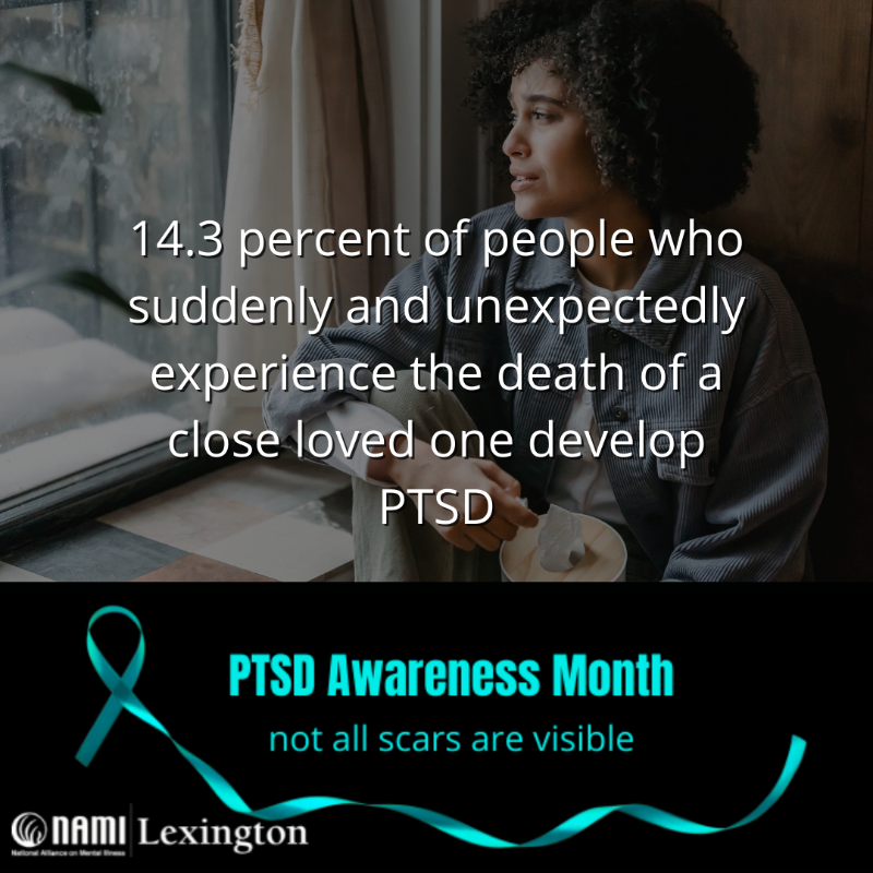 NAMILexington's tweet photo. 14.3 percent of people who suddenly and unexpectedly experience the death of a close loved one develop PTSD.
#PTSDAwareness #notallscarsarevisible https://t.co/DNA6Q3NN6I