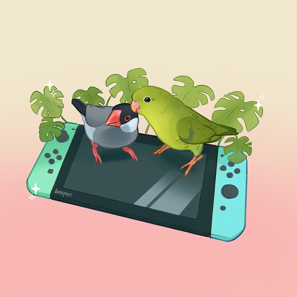 no humans animal focus bird simple background sparkle nintendo switch handheld game console  illustration images