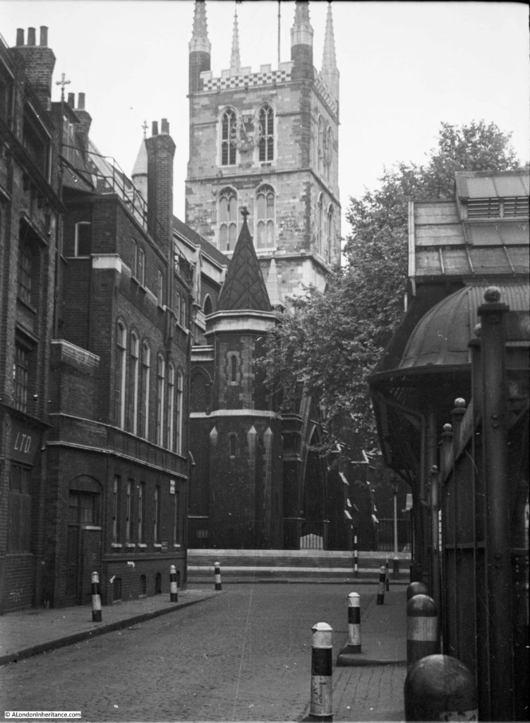 Southwark Cathedral in 1953 from Winchester Walk. The view is almost exactly the same today. The cathedral is explored in my post at  alondoninheritance.com/london-churche…