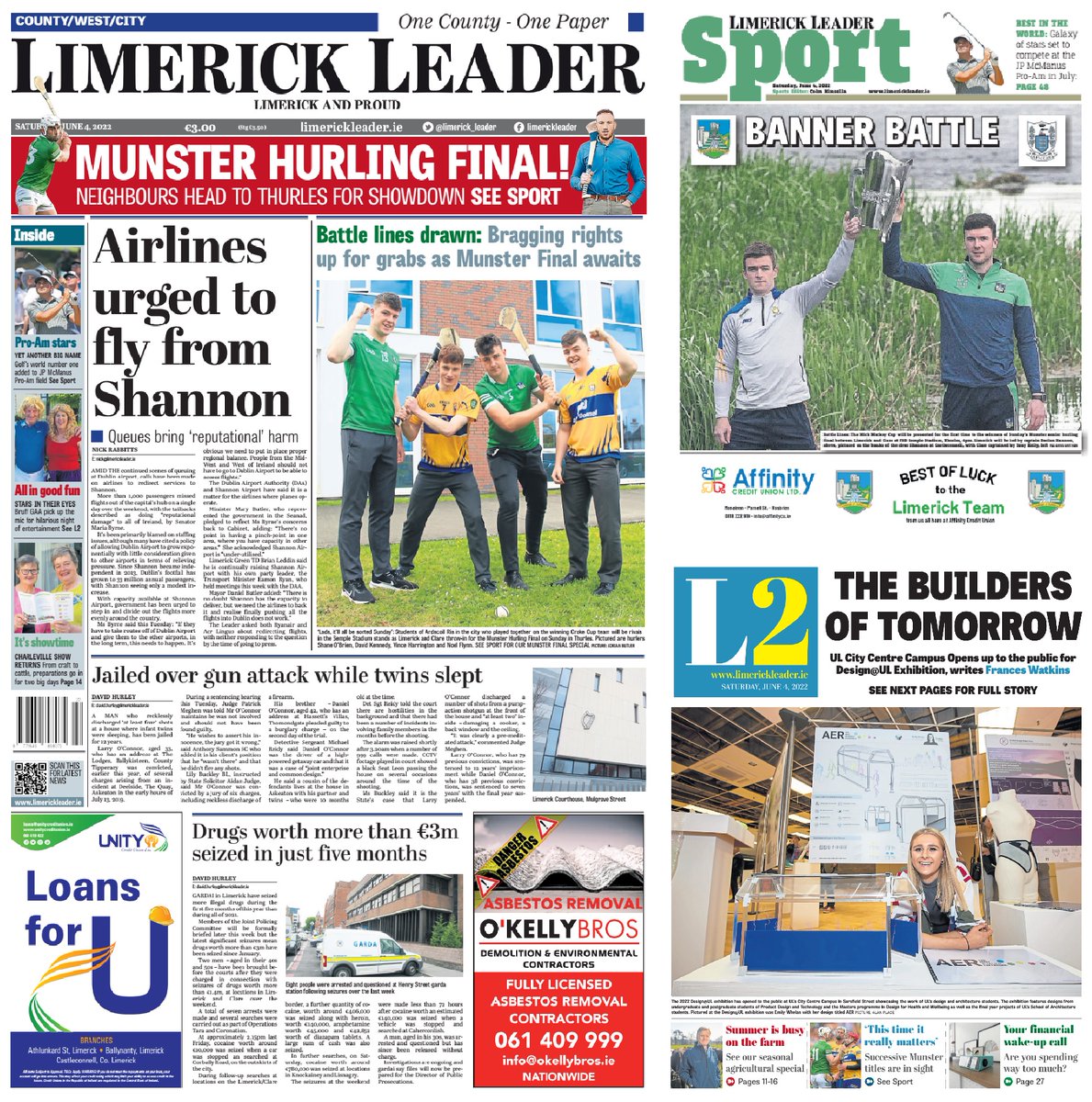 Limerick_Leader's tweet photo. It's Wednesday which means this week's Limerick Leader newspaper📰is on sale now for just €3. We look ahead to the bank holiday weekend & we preview a busy weekend in sport including the @MunsterGAA final between @LimerickCLG & @GaaClare - in shops and online #onecountyonepaper https://t.co/n1j3hMiTKC