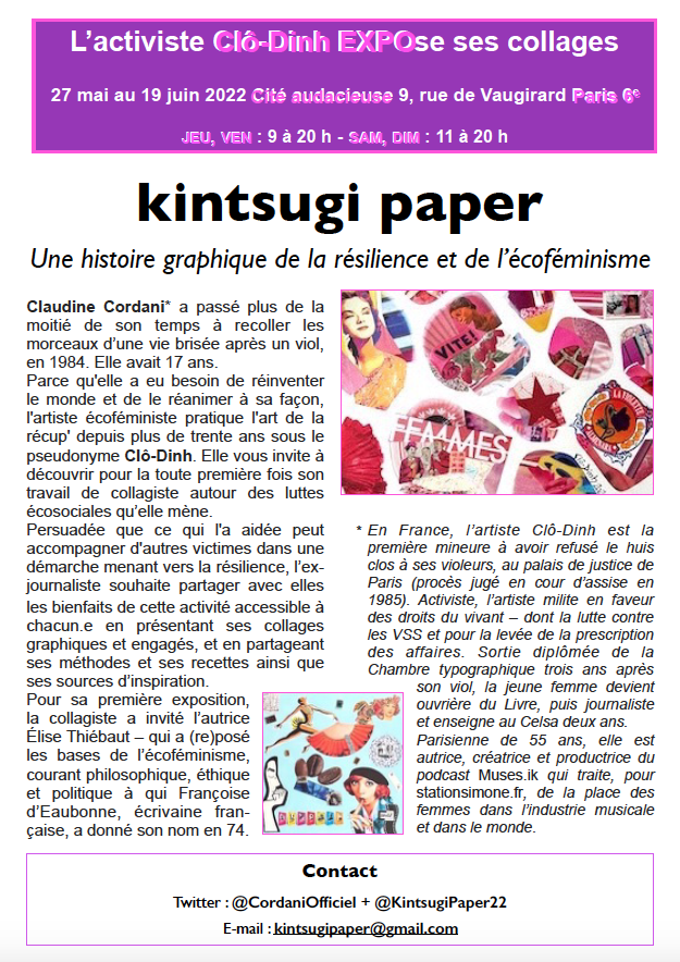 ClaudineCordani's tweet photo. 🛑 [THREAD D’OFFRE] aux #associations et aux #organisations qui luttent contre le #viol et les #VSS Je suis artiste-collagiste et pratique cet art-#résilience depuis trente ans – ce qui m’a aidée dans mon chemin de reconstruction en tant que victime de viol. J’avais 17 ans... https://t.co/cEcl67ZNE4