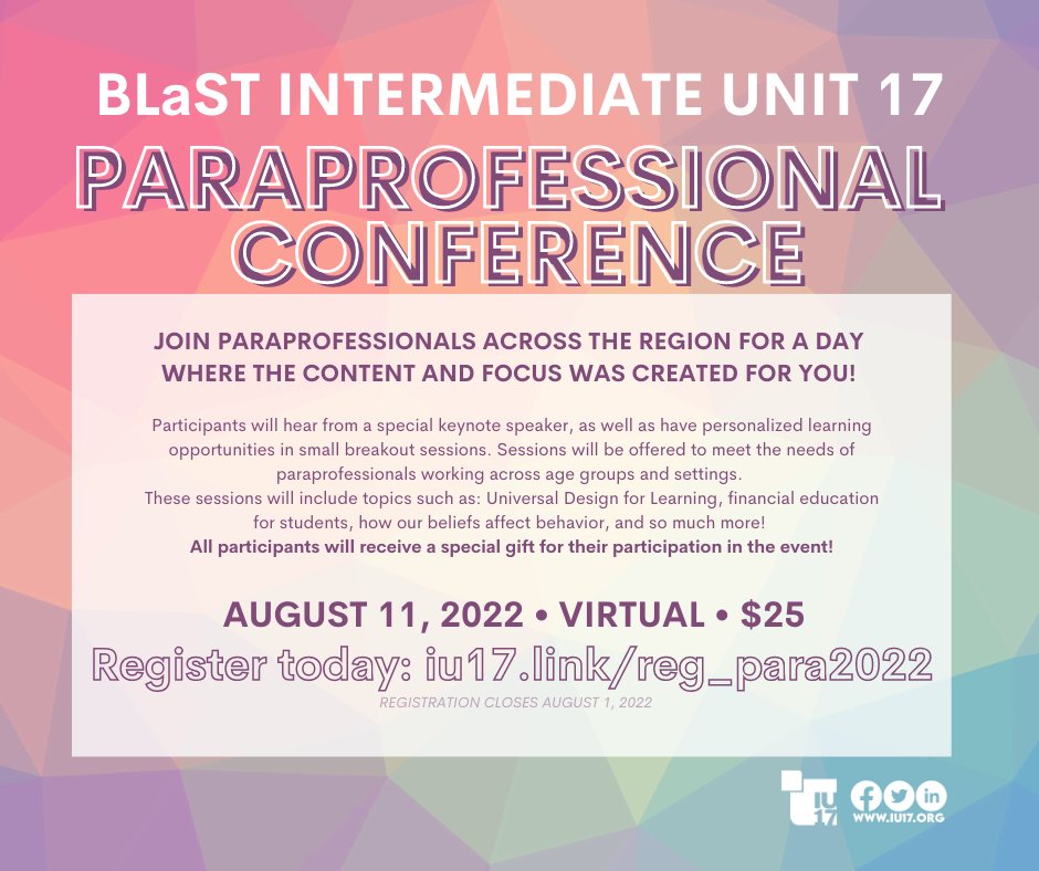 Registration is now open for the 6th Annual Paraprofessional Conference! 🎉
Join #IU17 along with other #paraprofessionals across the region for a day of discussions, opportunities, and more! Go to iu17.link/reg_para2022 to register!
<a href="/PADeptofEd/">PA Department of Education</a> <a href="/PAIU/">PAIU</a>