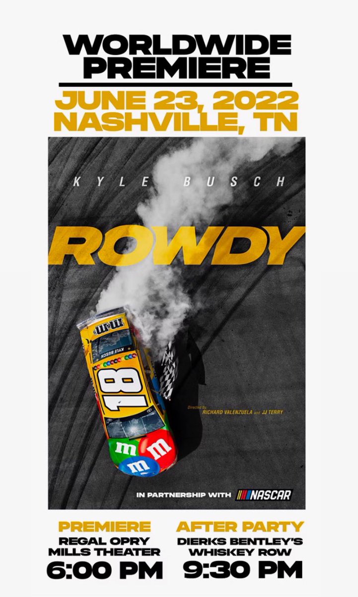 We’re excited to be producing the world premiere &amp; after-party of “ROWDY” that follows the life of NASCAR Cup Series Champion- <a href="/KyleBusch/">Kyle Busch</a> 

VIP &amp; GA tickets available NOW at the link below! 

🏁🏁🏁🏁🏁🏁🏁

bit.ly/3z9jyKn