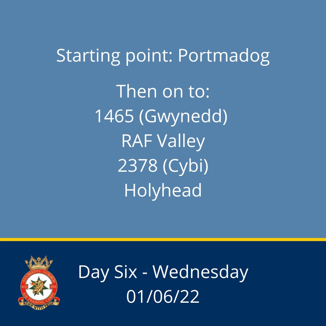 451SqnATC's tweet photo. Tomorrow is Day Six and the QJC team will be visiting the following:
@1465Gwynedd, @RAF_Valley, @2378Cybi and ending the day in Holyhead.
Be sure to give FS Brown a wave and a cheer if you see him on your travels.
There's still time to donate if you can.
https://t.co/QbYszQGg3H https://t.co/wxKrUiQycQ