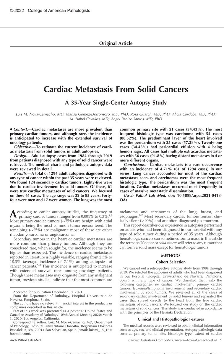 angelpanizo1's tweet image. Our work presented as a poster at  #USCAP2020 109th Annual Meeting is just published at @ArchivesPath Congratulations @LuizMiguelN !!!
"Cardiac Metastasis From Solid Cancers: A 35-Year Single-Center Autopsy Study"
meridian.allenpress.com/aplm/article/d…
#pathology #autopsy #CVpath