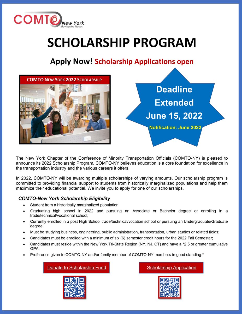 Deadline to apply for #FreeMoney for college has been extended to June 15. We look forward to receiving your applications.  #COMTO #Scholarships #FreeMoney # NYC #TriState ow.ly/m0mW50Jmreh  @COMTO_National