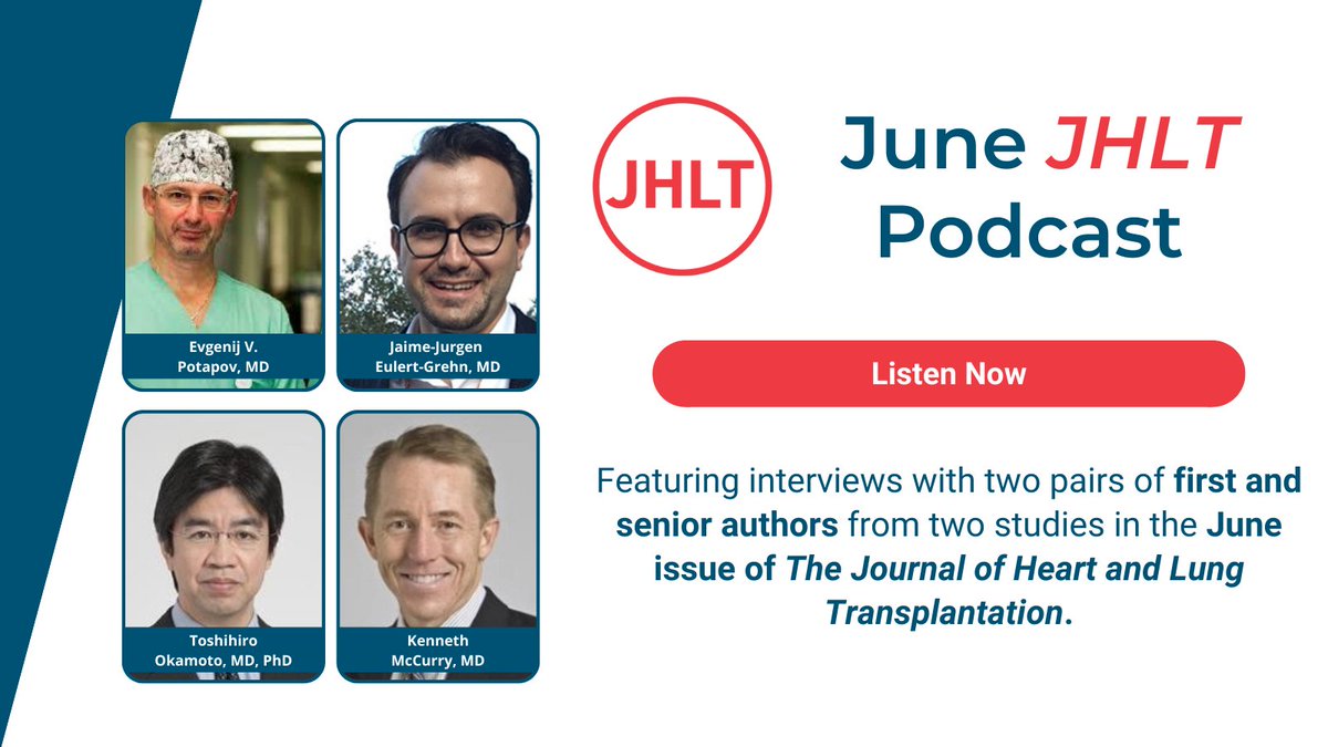JHLT (@thejhlt) on Twitter photo The June #JHLTThePodcast is out, with 2 first/senior author pairs:
➡️<a href="/EulertJ/">J. Eulert-Grehn , MD</a> & Evgenij Potapov @dhzberlin on defib generator replacements in #LVAD
➡️Toshihiro Okamoto & Ken McCurry <a href="/ClevelandClinic/">Cleveland Clinic</a> on donor lung weight #LungTx
Hear the whole thing at thejhlt.libsyn.com 🎧 The June #JHLTThePodcast is out, with 2 first/senior author pairs:
➡️<a href="/EulertJ/">J. Eulert-Grehn , MD</a> & Evgenij Potapov @dhzberlin on defib generator replacements in #LVAD
➡️Toshihiro Okamoto & Ken McCurry <a href="/ClevelandClinic/">Cleveland Clinic</a> on donor lung weight #LungTx
Hear the whole thing at thejhlt.libsyn.com 🎧