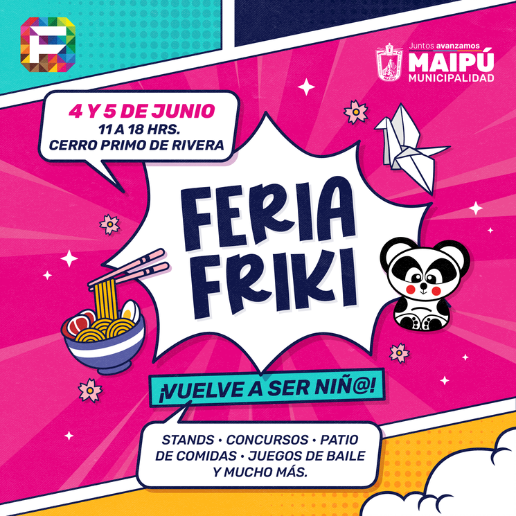 Muni_Maipu's tweet photo. Shinzo wo Sasageyo! 🔰 ¡Tras 4 años de espera la Feria Friki vuelve y a Maipú! 🐼🎋 Participa en esta feria organizada por Juventudes Maipú y @feriafriki  donde encontrarás alrededor de 200 emprendimientos, concursos, juegos de baile y mucho más 👯 ¡Te esperamos!🎏 https://t.co/ZEKg6hiwEb