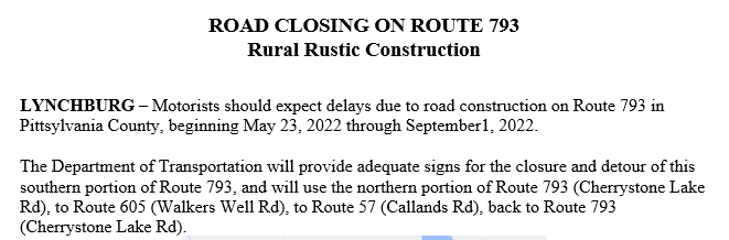 PittsylvaniaSO's tweet photo. Motorists should expect delays due to road construction on Route 793 beginning May 23 through September 1, 2022 Route 793 (Cherrystone Lake Rd), to Route 605 (Walkers Well Rd), to Route 57 (Callands Rd), back to Route 793 (Cherrystone Lake Rd). https://t.co/GA0aLc2eMi