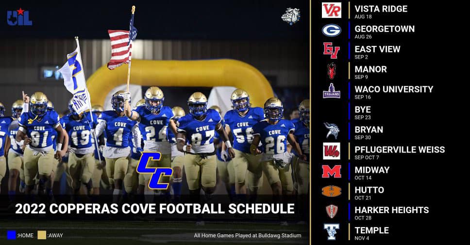 copperascoveisd's tweet photo. ARE YOU READY FOR SOME FOOTBALL?!??!  Print this out and put it on your fridge! The 2022 Copperas Cove High School varsity football schedule with Coach Tony Johnson is here! Go Dawgs! #CoveISDIsHome https://t.co/ggnCeQcHWW