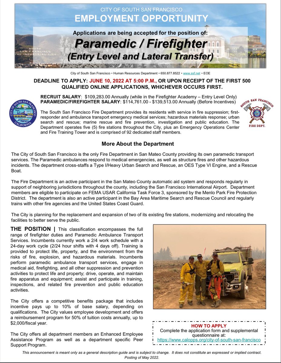 SSFfirefighters's tweet photo. South San Francisco FD is currently accepting applications for Paramedic Firefighter.  https://t.co/lRiTEidJKz. #futurefirefighter #Paramedic @BAFFNetwork https://t.co/GgwPcGDaQr