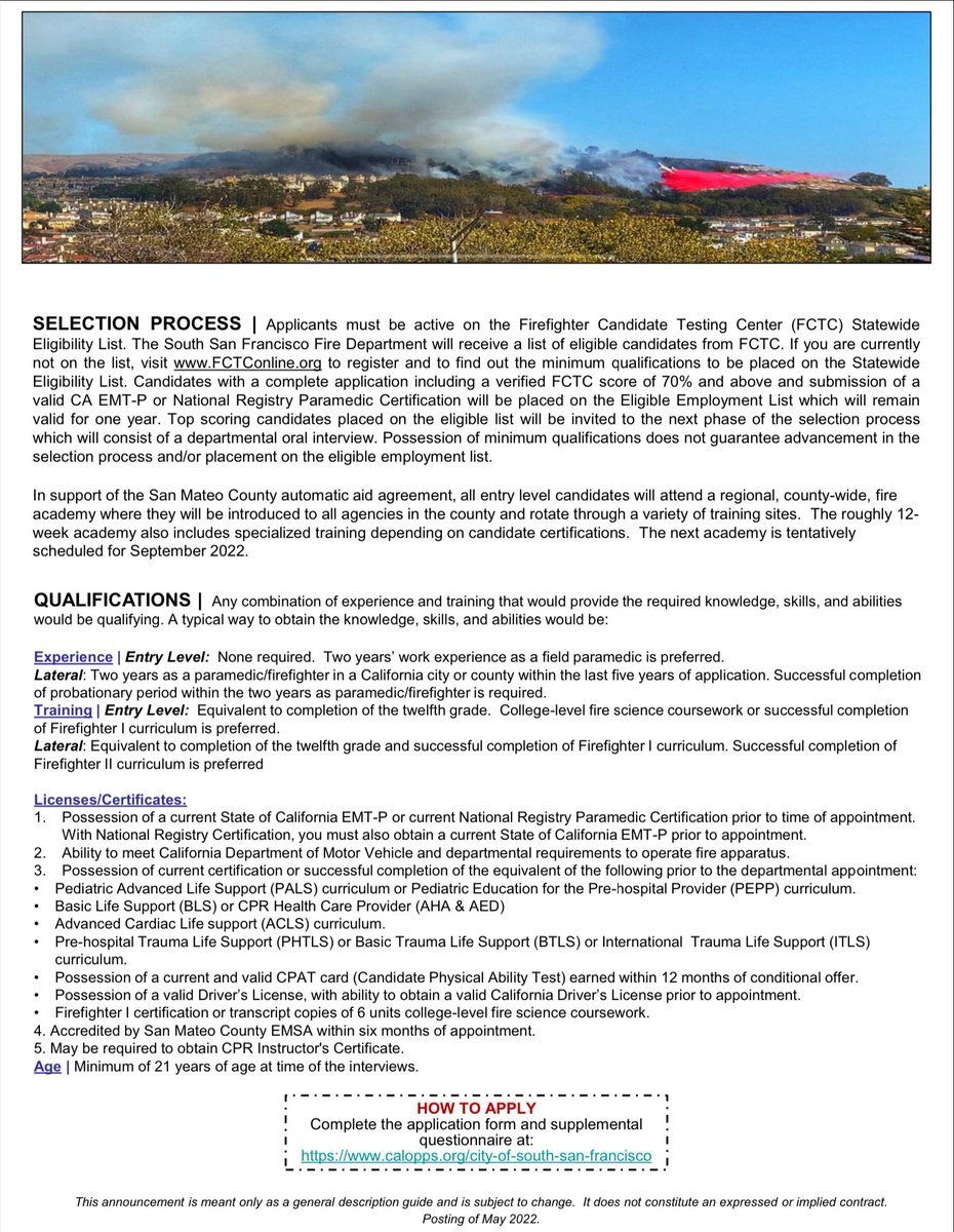 SSFfirefighters's tweet photo. South San Francisco FD is currently accepting applications for Paramedic Firefighter.  https://t.co/lRiTEidJKz. #futurefirefighter #Paramedic @BAFFNetwork https://t.co/GgwPcGDaQr