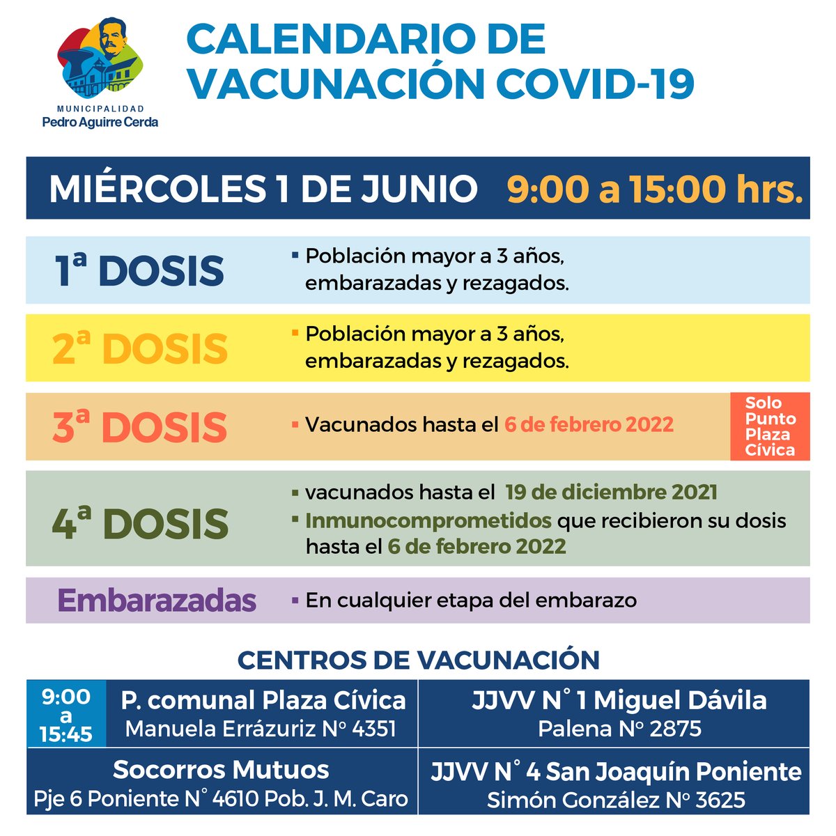 SaludPac's tweet photo. 📆💉Compartimos con ustedes el calendario de vacunación contra el #Covid19 para este miércoles 1 de junio.

La vacuna salva vidas❤️

#pactecuida https://t.co/igBpAb3zc5
