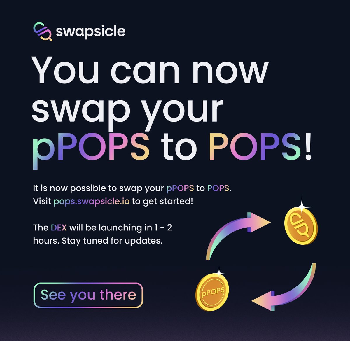 The time has arrived! You can now swap your pPOPS for POPS at pops.swapsicle.io. We will also be officially launching the Swapsicle DEX in 1-2 hours! Stay tuned for the official launch announcement 🚀🍭