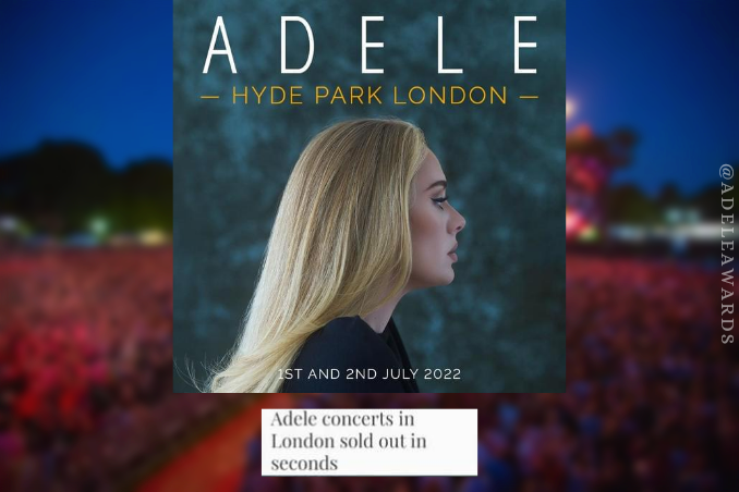 AdeleAwards's tweet photo. 🗓️ 1 MONTH to go : Adele at Hyde Park London on 1st and 2nd July, 2022.

🎟️ 1.3 MILLION people tried to buy tickets for the instantly sold out shows and the venue’s capacity is 65K. https://t.co/CECiXyeWpn