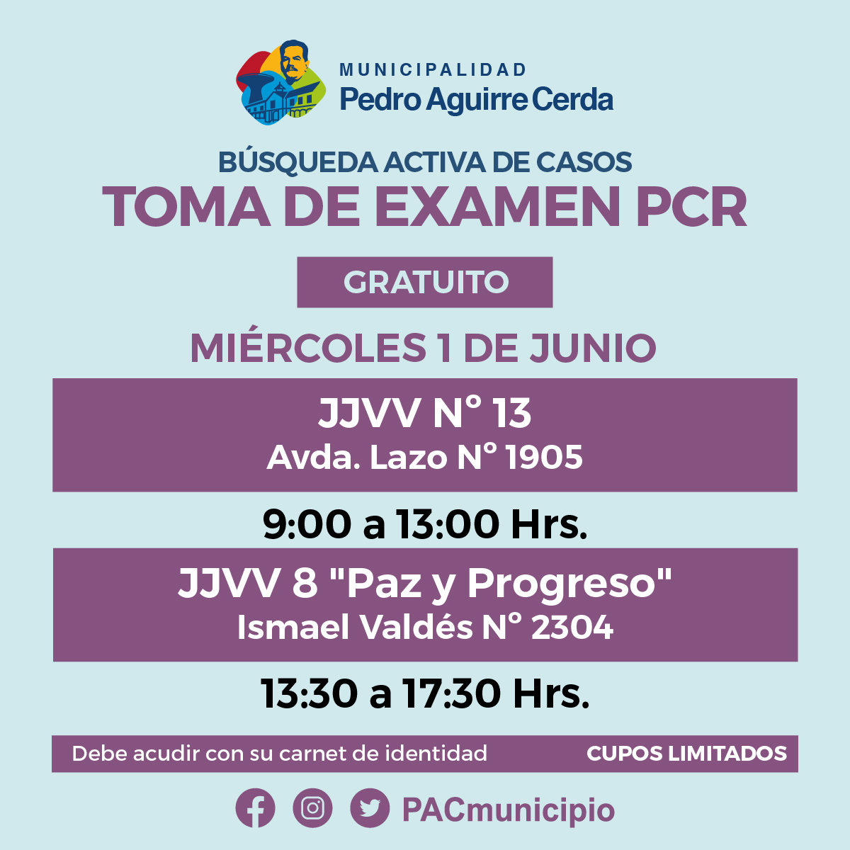 SaludPac's tweet photo. ✅ Vecinos y vecinas, compartimos el calendario y lugares donde estarán los puntos de búsqueda activa de casos en nuestra comuna este miércoles 1 de junio.

#pactecuida https://t.co/UD4HWJEl1p