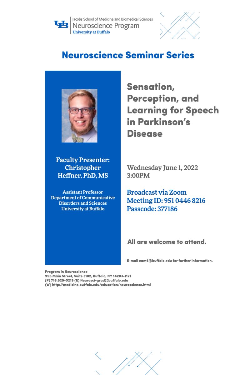 University at Buffalo Neuroscience Program (@ubneurosci) on Twitter photo Tomorrow at 3pm, join us for a seminar by Dr. Chris Heffner, UB Dept of Communicative Disorders and Sciences! He is a new addition to the UB Neuroscience faculty, and we're excited to learn more about his research! <a href="/UBCAS/">Arts and Sciences | University at Buffalo</a> <a href="/UBuffaloBiomed/">Biomedical Sciences Graduate Programs | UBuffalo</a> Tomorrow at 3pm, join us for a seminar by Dr. Chris Heffner, UB Dept of Communicative Disorders and Sciences! He is a new addition to the UB Neuroscience faculty, and we're excited to learn more about his research! <a href="/UBCAS/">Arts and Sciences | University at Buffalo</a> <a href="/UBuffaloBiomed/">Biomedical Sciences Graduate Programs | UBuffalo</a>