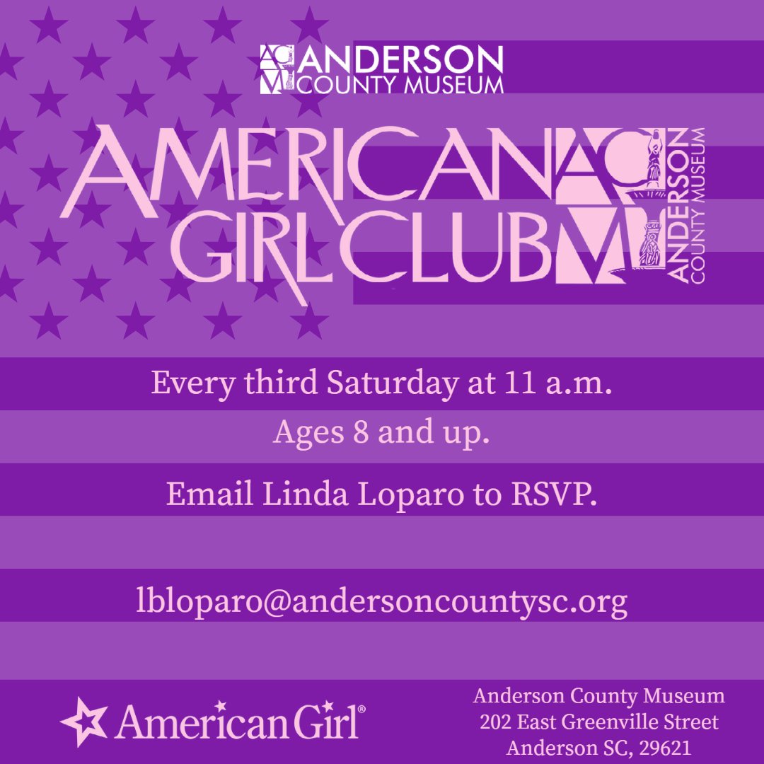 AndCountyMuseum's tweet photo. Email to register! Join us every third Saturday from 11AM-12 PM. American Girl Club is designed for children 8 and older. Each meeting features specific dolls and time periods. You can even meet some of the American Girls in person! Bring a doll, if you have one, and register! https://t.co/tJTf36AVXr