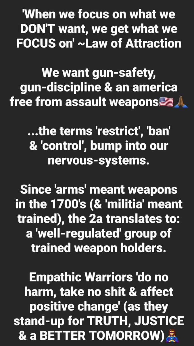 Ucla444's tweet photo. ³ An america as a #GunSafetyNation (FREE from assault weapons, and committed to #GunDiscipline)🇺🇸🙏🏾
Are you in, #EmpathicWarriors?
(cc: @ProfMMurray @Ava @NicolleDWallace @PattyArquette @CNN @Maddow @MSNBC @BriKeilarCNN @WolfBlitzer @AndersonCooper @ChrisLHayes & @Lawrence) https://t.co/l5T8Ikk8wi