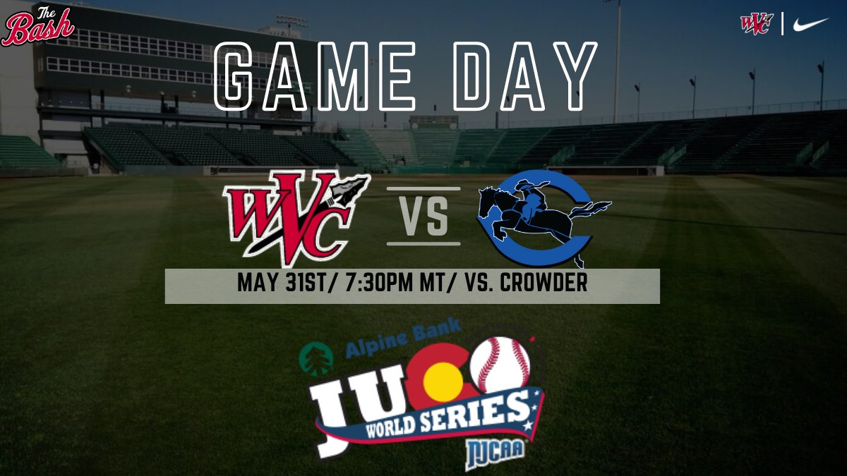 GAME DAY

<a href="/JUCOWorldSeries/">JUCO World Series⚾️</a>

🆚 | Crowder
📍 | Grand Junction CO
⏰ | 7:30 PM MT / 8:30 CST
📺 | njcaa.org/network/landin…
💻 | bashradio.com
📻 | 89.1 WVJC

#TheBash X #WarriorWay