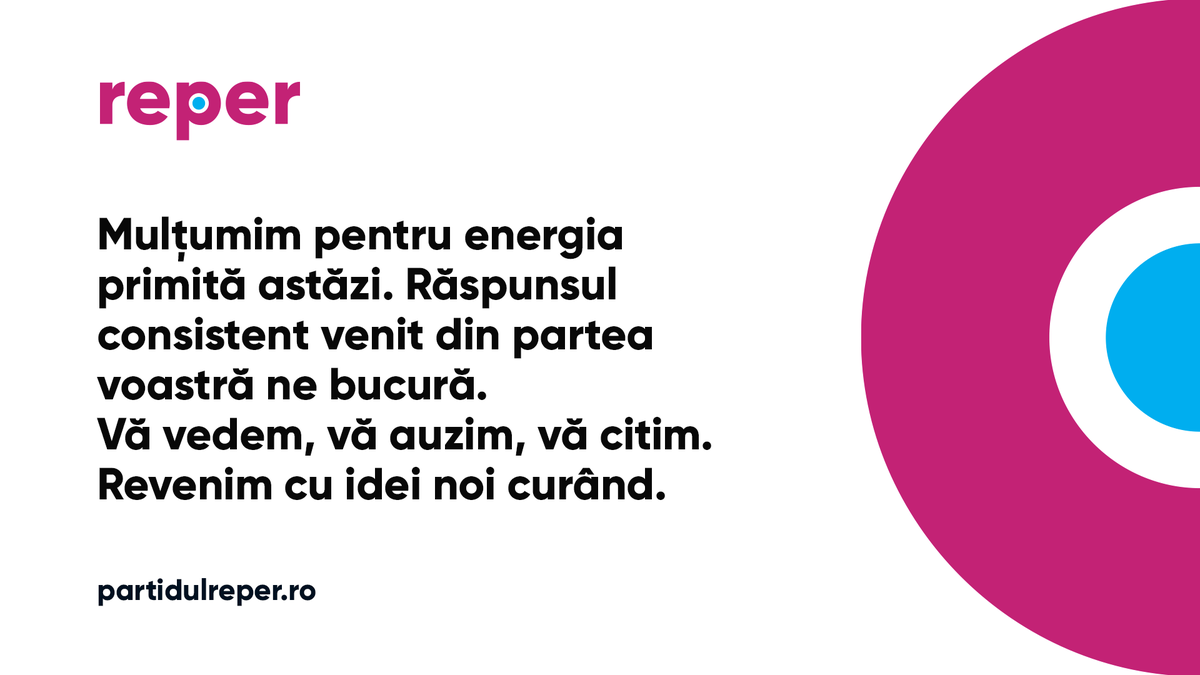 PartidulReper's tweet photo. Răspunsul consistent venit din partea voastră ne bucură. 
Vă vedem, vă auzim, vă citim! Revenim cu idei noi curând.
Până atunci rămânem în contact pe https://t.co/BSJU8m8F7P https://t.co/ml8oKJ4V21