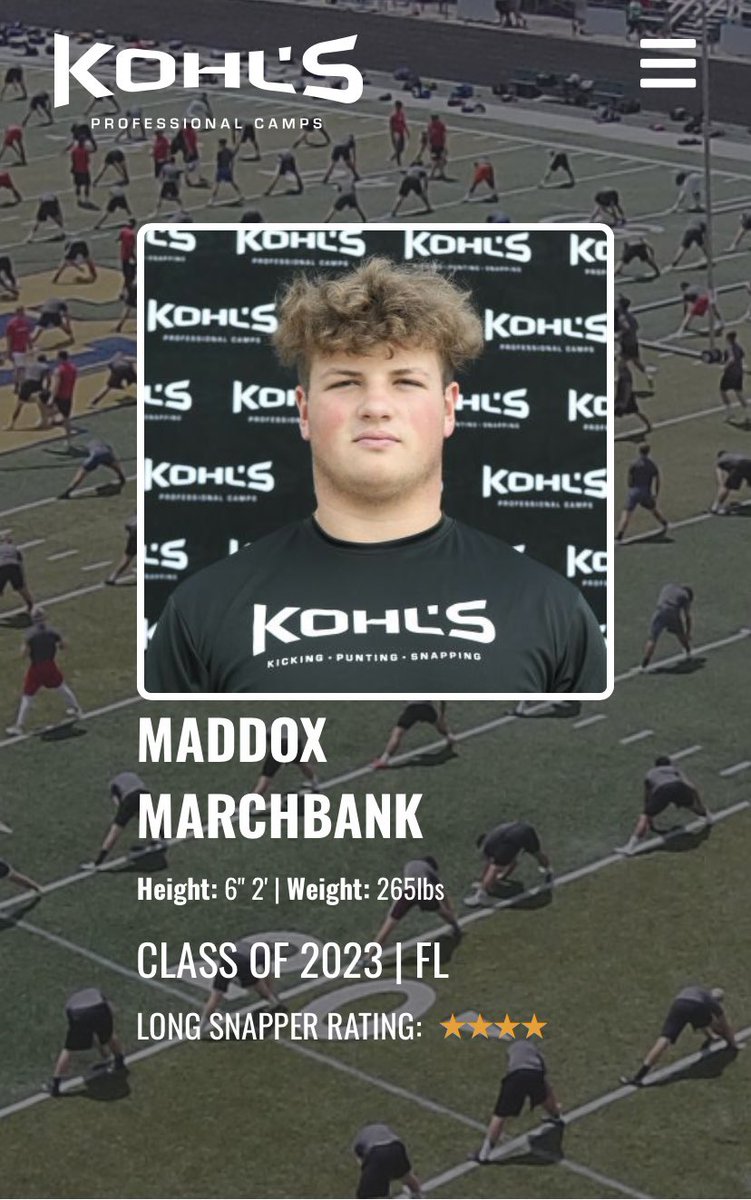Blessed to be ranked a 4⭐️ Long Snapper by <a href="/KohlsKicking/">Kohl's Kicking Camps</a> 
<a href="/CMontgomeryLS/">Craig Montgomery</a> <a href="/BrodyWiseman/">Brody Wiseman</a>